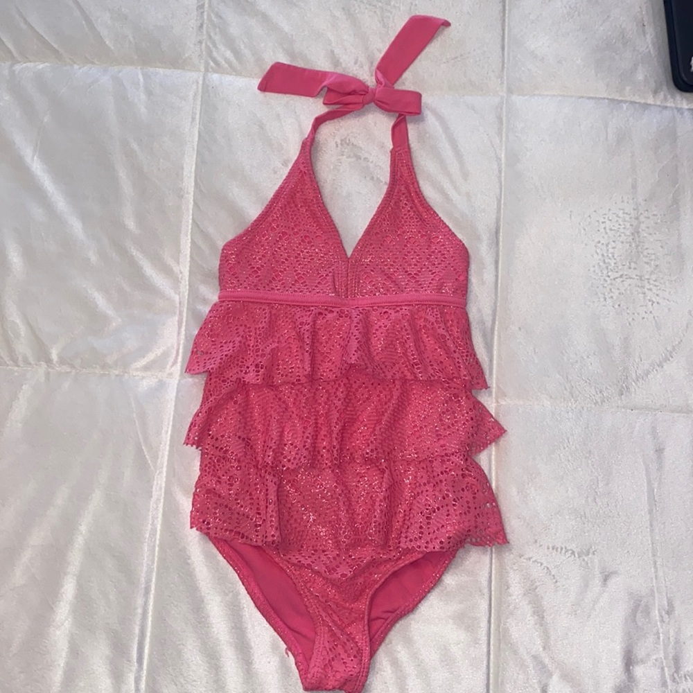 Pink Metallic Ruffle One Piece Swimsuit